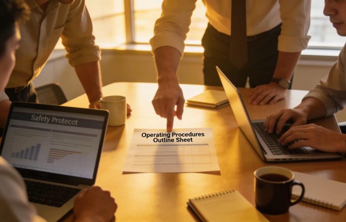 Building managers reviewing OPOS documents in a professional setting